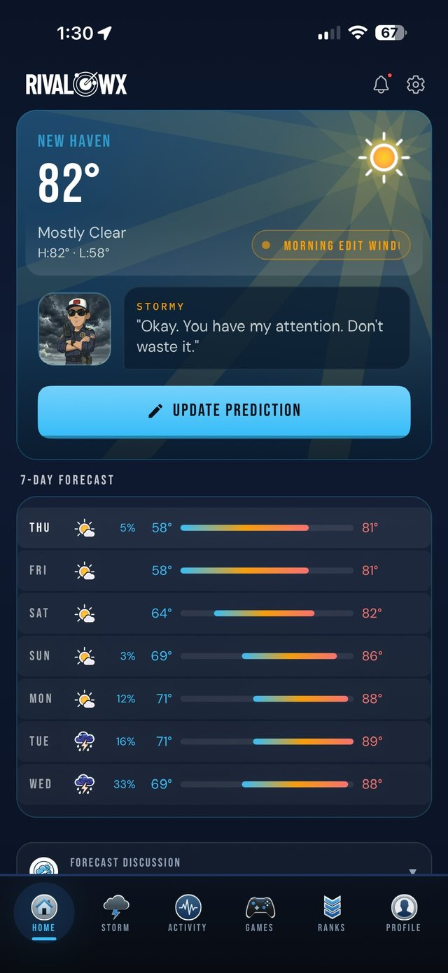 The RivalWx home screen with the morning window open: current conditions for New Haven, a note from Stormy, an Update Prediction button, and the seven-day forecast.