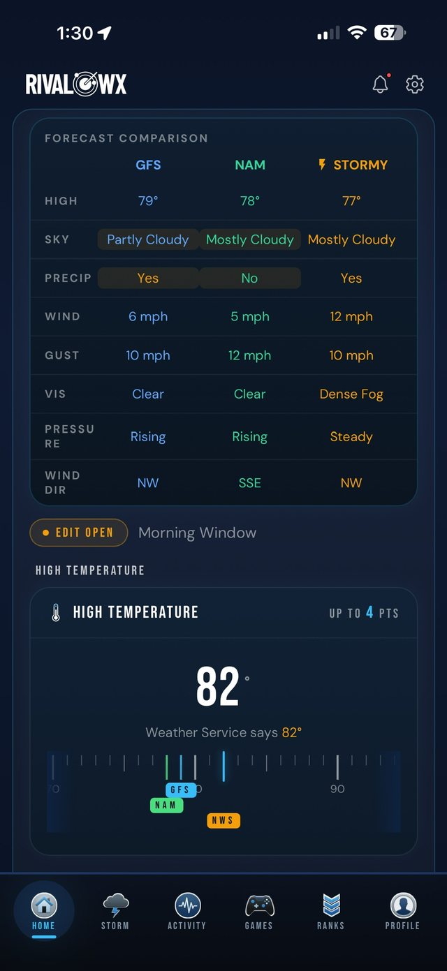 RivalWx forecast comparison showing the GFS and NAM model guidance beside Stormy's call, then a temperature dial where the player picks their own number.