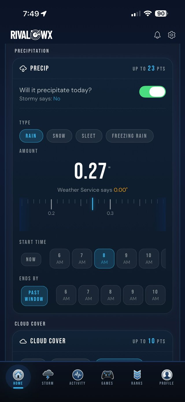 Making a precipitation call in RivalWx: type, amount to the hundredth of an inch, start time and end time, with the weather service's own number shown alongside.