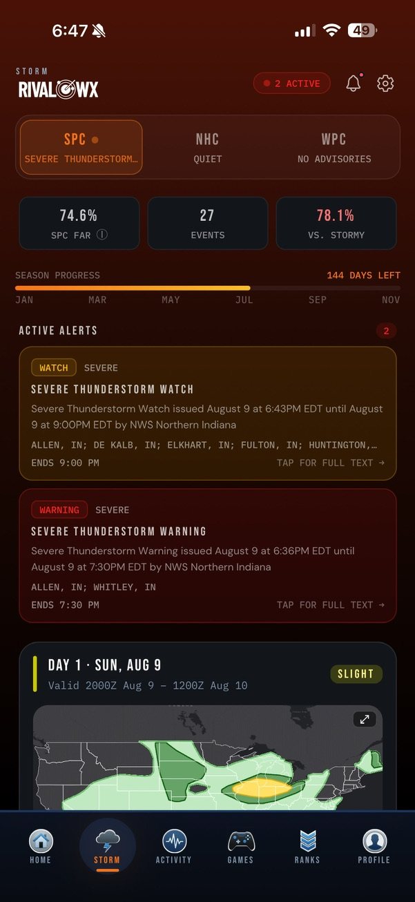 RivalWx Storm Mode during severe weather, showing an active Severe Thunderstorm Watch and Warning issued by the weather service.